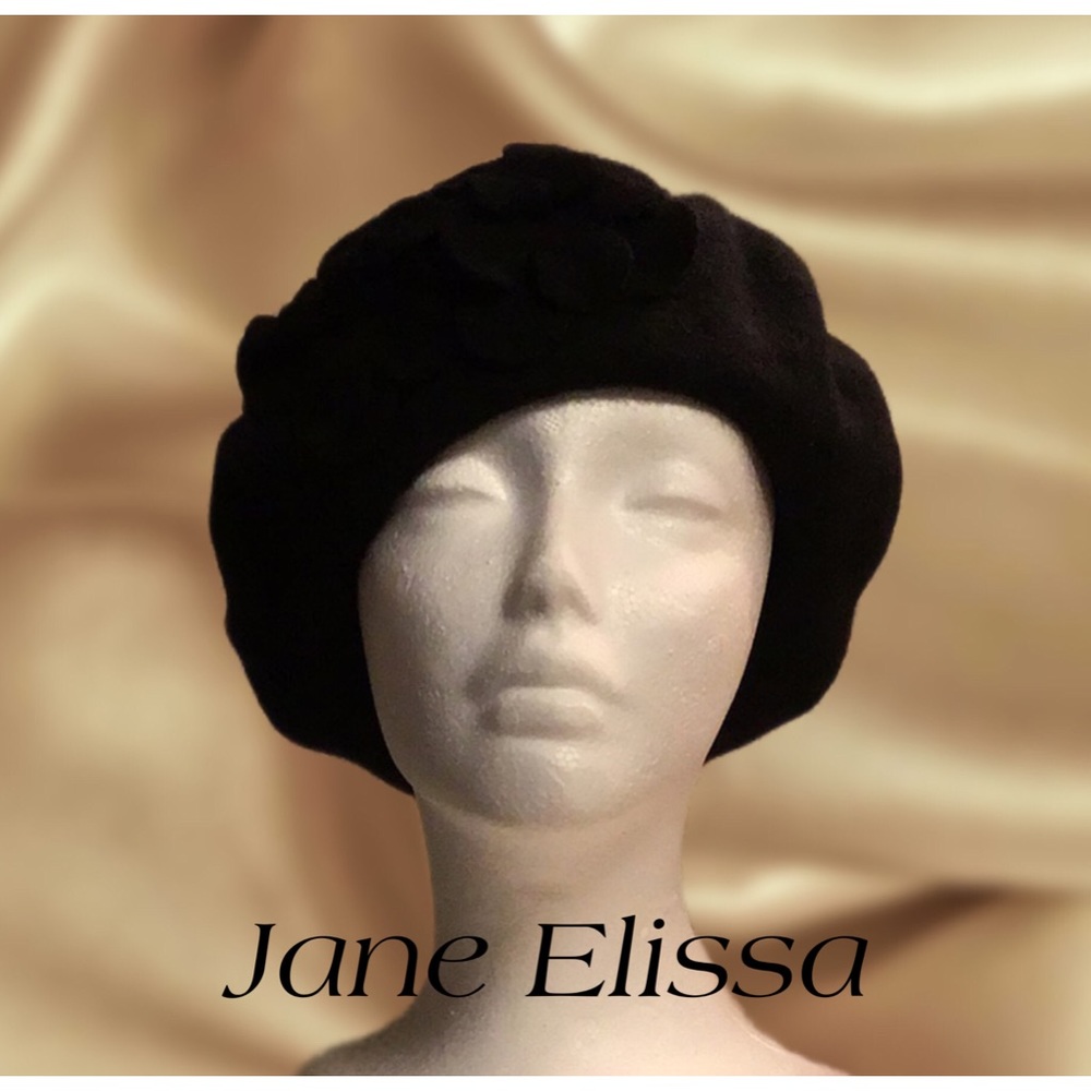 JANE ELISSA Handmade Black Wool Beret with Matching Wool Flower Appliqué